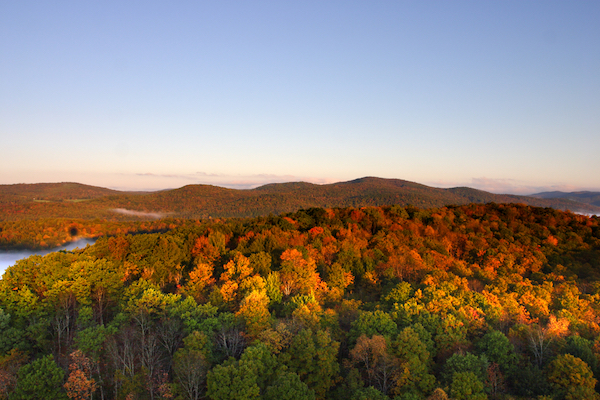 Vermont landscape in autumn, as seen from a hot air balloon.